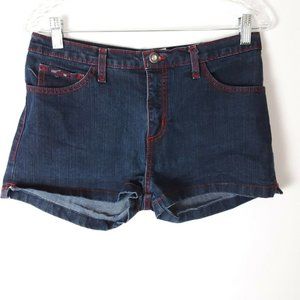 🌻C'est Toi Stretch Denim Shorts Women's 9/10 Dark Wash Red Stitching